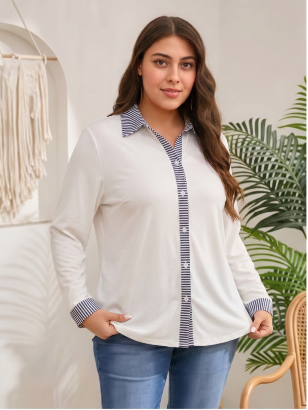 J.McLaughlin Classic Striped Trim White Button-Up Long Sleeve Top, Medium